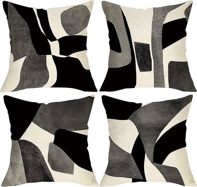 Abstract Geometric Decorative Throw Pillow Covers 18 x 18 Set of 4, Black White Grey Modern Aesthetic Porch Outdoor Home Decor, Minimalist Sofa Couch Cushion Case