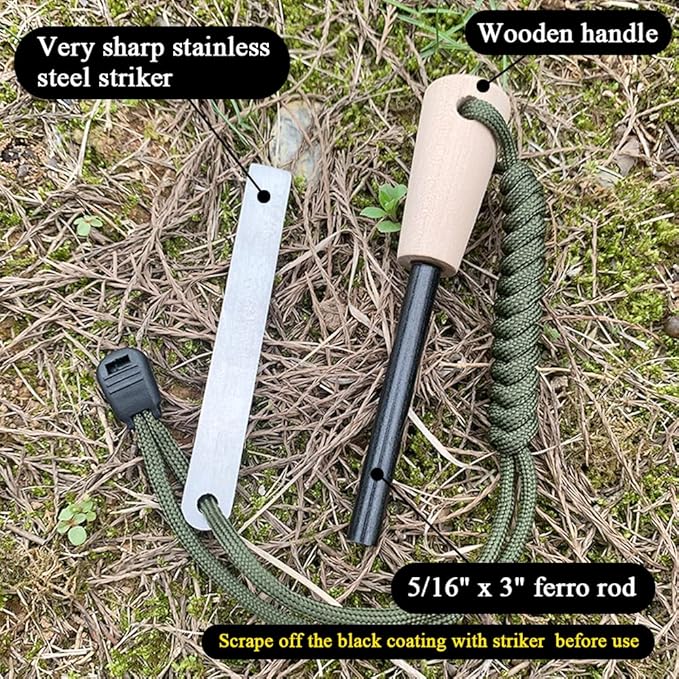 Flint and Steel Fire Starter Kit, Ferro Rods Magnesium Fire Starter Survival Tool Camping Emergency Fire Lightning Striker, Tinder Wick Rope, Multifunctional Outdoor Bag