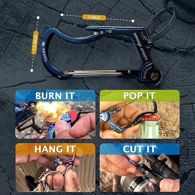 OUTDOOR ELEMENT Firebiner Custom Engraved 6-in-1 Fire Starter Carabiner Multitool – Survival Gear EDC Keychain with Utility Blade, Bottle Opener, Screwdriver, Emergency Tool