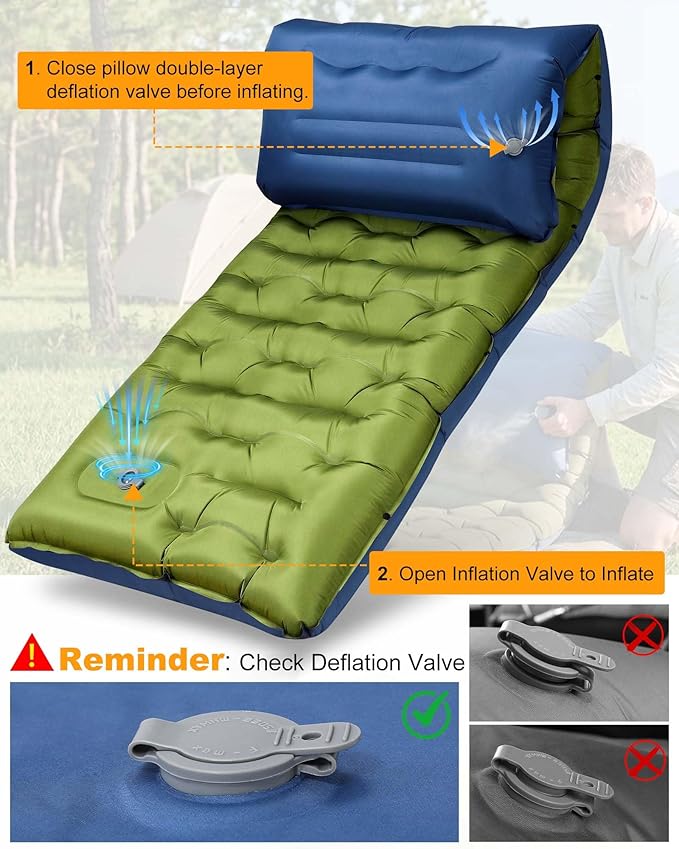 Camping Sleeping Pad,5.9 Inch Thick Camping Mat with Built in Pillow and Foot Pump,Self Inflating Sleeping Pad for Camping Backpacking（Green
