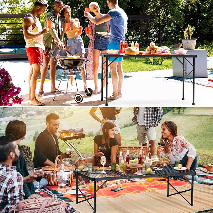 WildFinder Folding Gril Table, 4x2 FT Camping Table with Mesh Desktop,Height Adjustable Folding Grill Table with Mesh Bag,Portable Outdoor for Picnic,Camping,BBQ,Beach(Black)