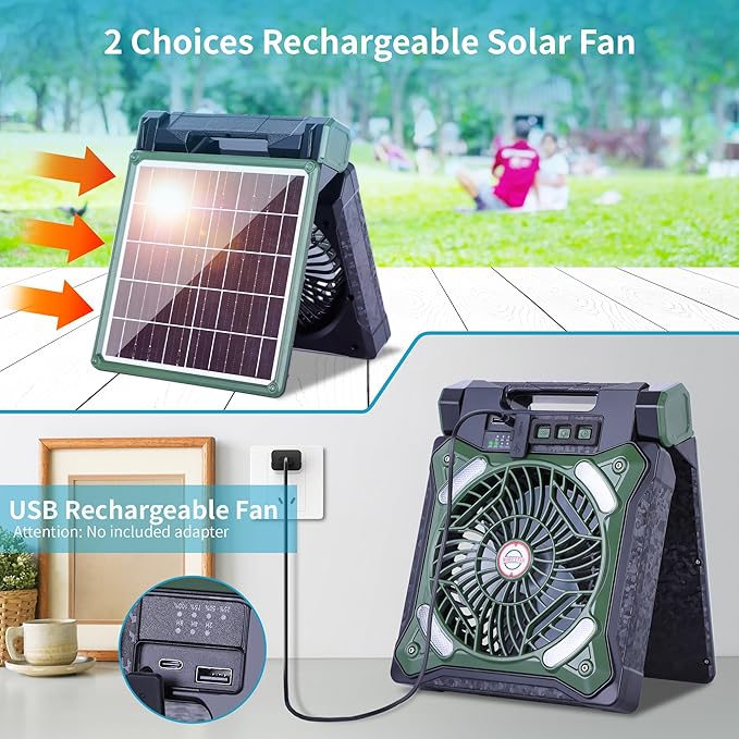 WESTTREE Solar Fan Battery Powered Rechargeable Solar Camping Fan with Led Lantern & Power Bank Foldable Angle USB Personal Fans for Travel Outdoor Camping Tents X98 Green