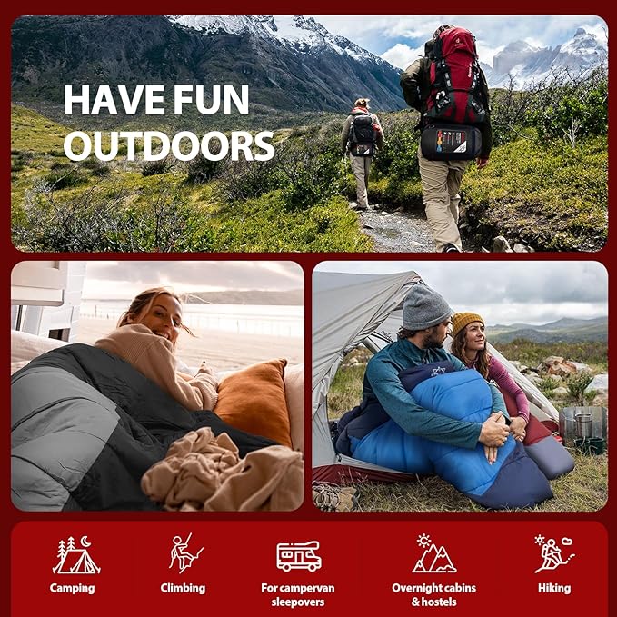 Lightweight 3-Season Sleeping Bag for Adults/Kids Camping, Compact w/Compression Sack, Waterproof Ripstop, Portable for Backpacking Hiking Travel