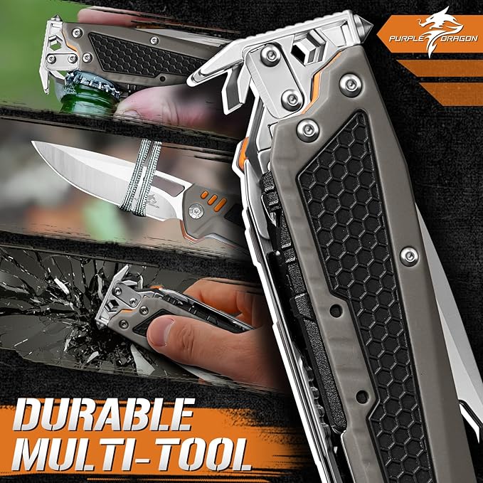 Purple Dragon Multitool,13-in-1 Pocket Knife with Sheath,Perfect for Camping, Hiking & Outdoor Use, Gift for Men Dad Husband– Grey