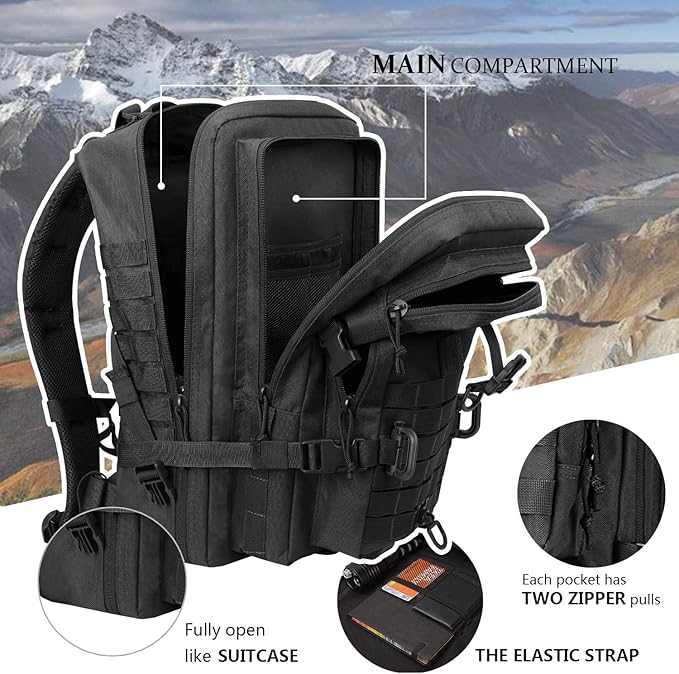 Hannibal Tactical MOLLE Assault Backpack, Tactical Backpack Military Army Camping Rucksack, 3-Day Pack, D-Rings, Black with Gray Patch