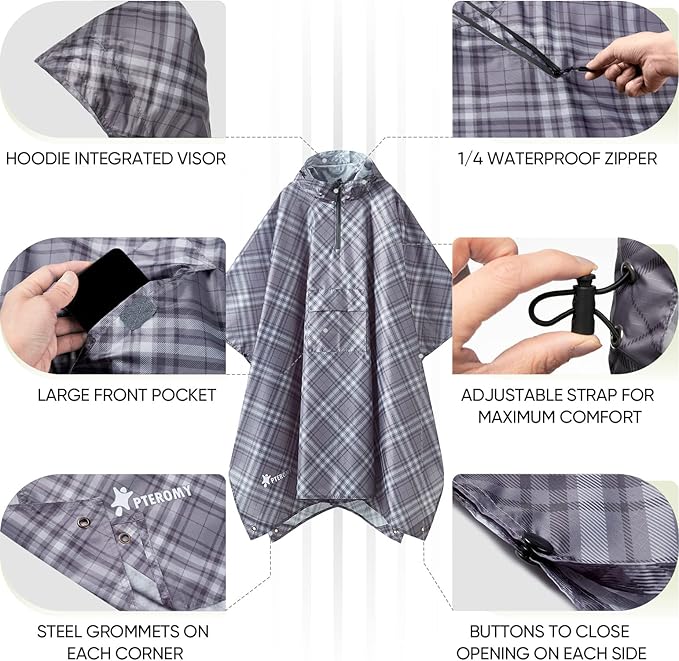 PTEROMY 3-in-1 Hooded Rain Poncho for Adult with Pocket, Waterproof Lightweight Unisex Raincoat for Hiking Camping Emergency
