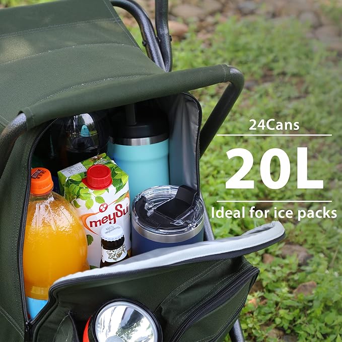 Portal Backpack Cooler Chair Fishing Chairs with Backrest Folding Camping Stool Compact for Outdoors Hiking Hunting Travel, Supports 225 lbs Capacity
