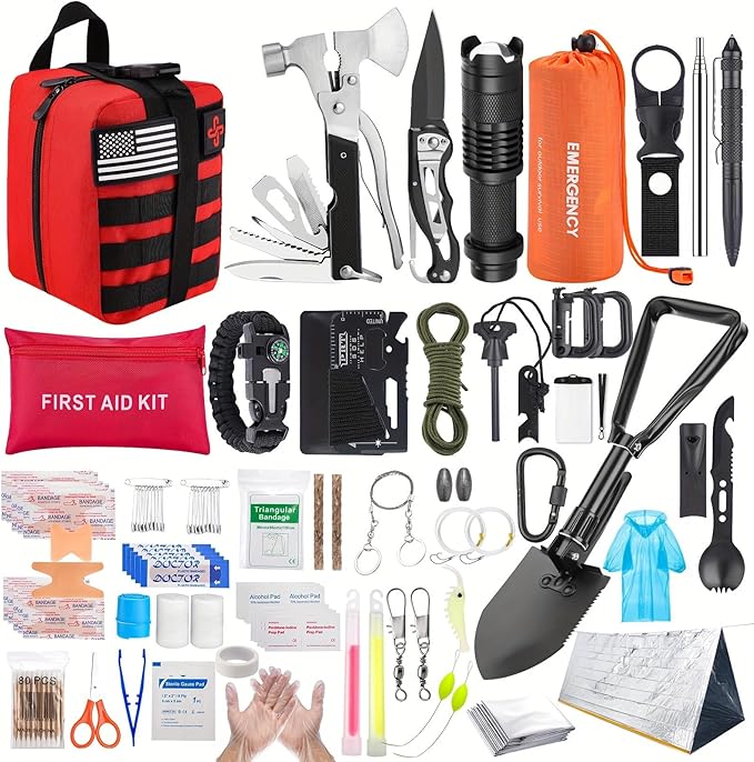 Survival Kit, 252Pcs Survival Gear First Aid Kit with Molle System Compatible Bag and Emergency Tent, Emergency Kit for Earthquake, Outdoor Adventure, Hiking, Hunting, Gifts for Men Women