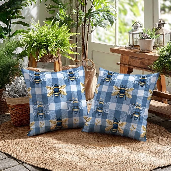 Farmhouse Bee Throw Pillow Covers 18x18 Set of 2 | Blue Gingham Rustic Cushion Covers | Vintage Honey Bee Decorative Pillow Cases for Couch, Sofa, Living Room and Bedroom