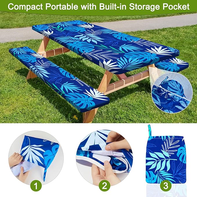 Picnic Table Cover with Bench Covers Portable Table Cloth Built-in Storage Pocket Fitted Tablecloth with Elastic Edges Waterproof Camping Essentials for Indoor Outdoor Rv,72in,Deep Blue