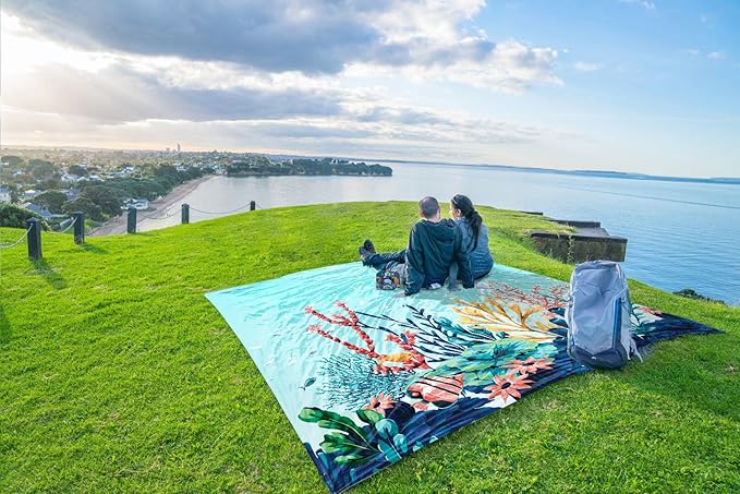 WEKAPO Beach Blanket Waterproof Sandproof Oversized, Extra Large Beach Mat Sand Free, Lightweight & Compact Sand Free Mat with 5 Stakes & 4 Corner Pockets