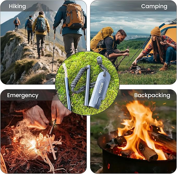 Waterproof Ferro Rod Fire Starter 6x1/2 in & 4x3/8 in, 15,000+ Strikes Flint Fire Steel with Paracord Multi-Tool Striker & Extra Waxed Tinder Cord for Camping, Hiking, Survival & Emergency