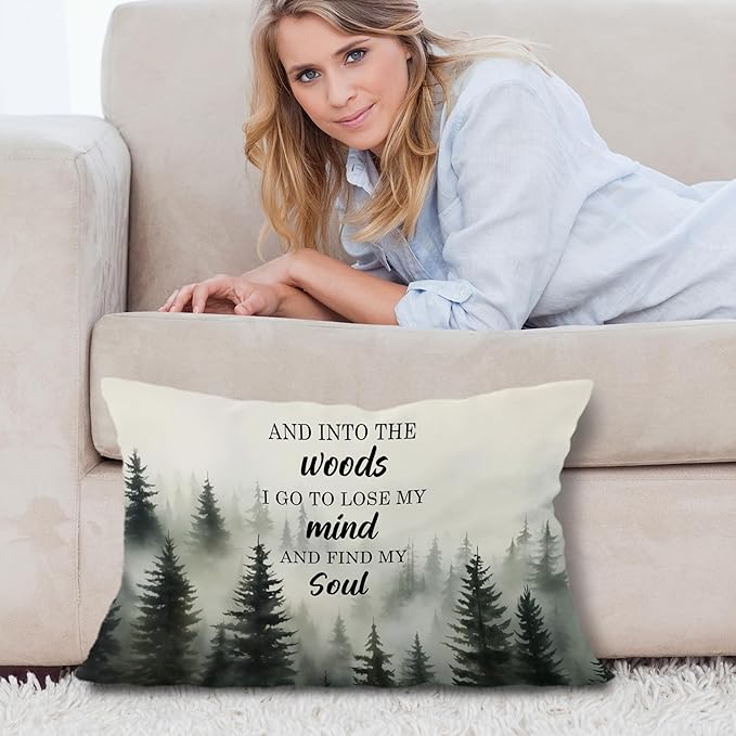 Inspirational Forest Mountain Nature Pillow Covers 12x20, and Into The Woods I Go to Lose My Mind Decorative Lumbar Pillow Covers for Home Cabin Lake House, Gifts for Nature Lovers