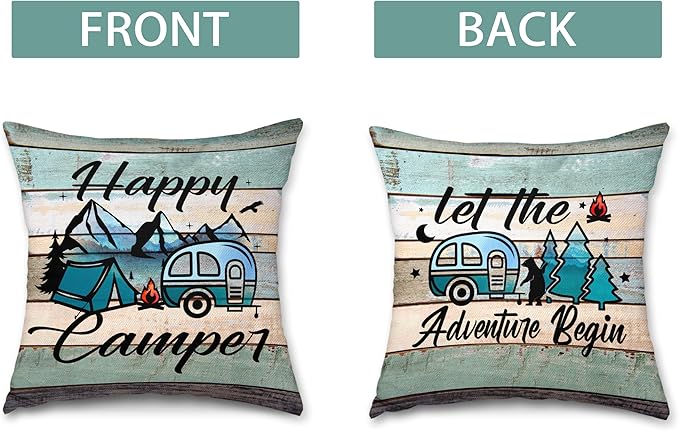 Happy Camper Pillow Covers Set of 2, Vintage Decorative Camping Pillow Cover Camper Decorations for Inside Gifts for Outdoor Travel Pillowcases for RV Couch Living Room (Insert Excluded)