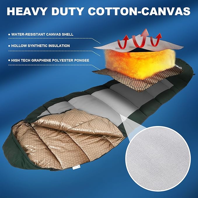 Sleeping Bag for Adults All Season 0 Degree,Cotton Canvas with YKK Zipper Compact Backpacking Mummy Camping Sleeping Bag