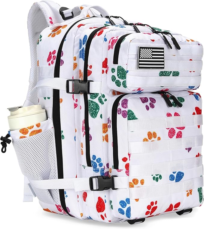 Lovelinks21 45L Tactical Assault Backpack 3 day assault pack with Molle Waterproof backpack Rucksack for Tactical Backpacks (Colorful paw prints)