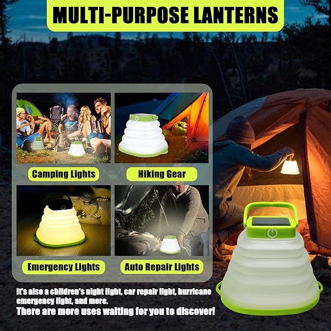Solar Camping Lanterns-Collapsible Camping Essentials,IP65 Solar Lights Outdoor Waterproof,USB Portable Camping Hanging Lamp for Backpacking Gear,Emergency,Tent,Travel,Hiking