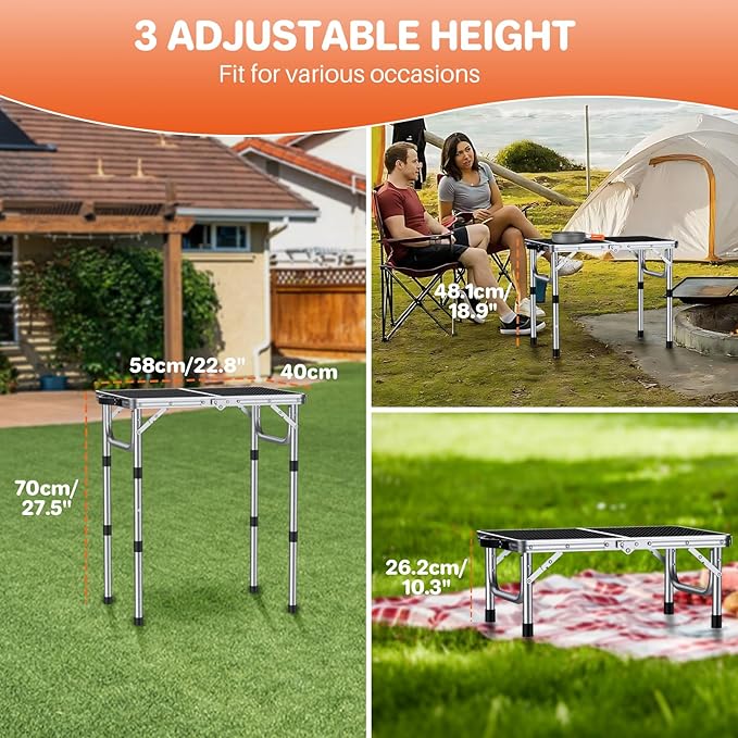 FUNYKICH Folding Grill Table for Outside, 3 Height Adjustable Portable Camping Tables, Lightweight Metal Aluminum Outdoor Table with Portable Handle for Camping, Picnic, BBQ, 23''x16'', Silver