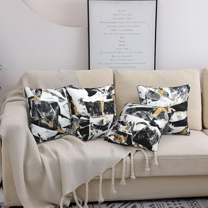 Black White Abstract Throw Pillow Covers 18 X 18 Inch Set of 4 Decorative Cushion Cover Home Decor for Sofa Chair Couch Bedroom Living Room