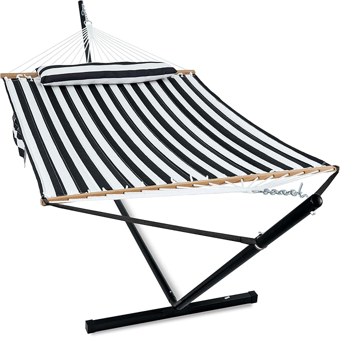 GAFETE 2 Person Hammock with Stand for Outside, Heavy Duty Steel Stand, Double 55inch Hammocks, Large Removable Pillow, Storage Bags, Max 475 lbs Capacity (Stripe Black-White)