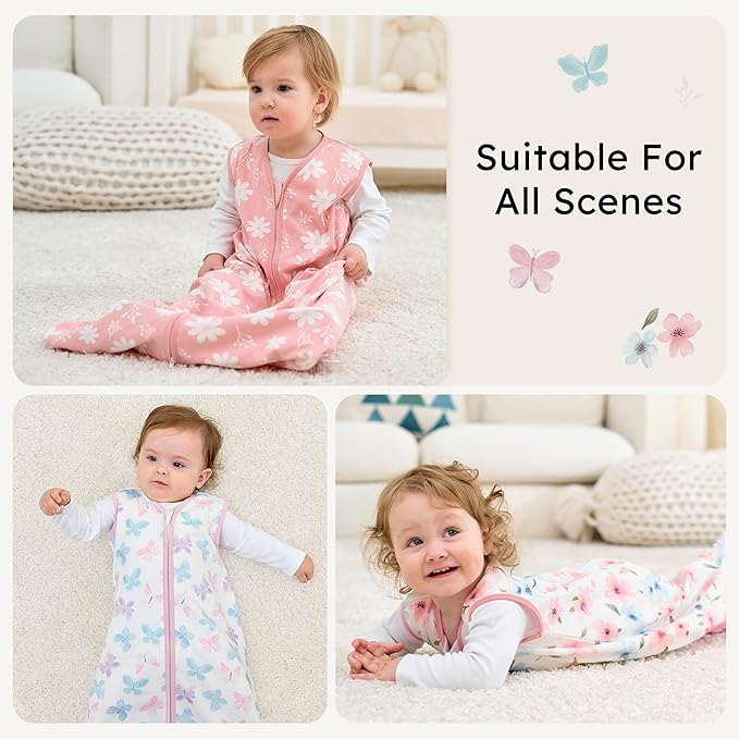 Baby Sleep Sack 0-6 months, 100% Cotton Sleeping Sack for Newborn and Infant, 3 Pack Baby Wearable Blanket, 0.5 Tog Lightweight Double Zipper Sleep Bag Small Pink Butterfly Flower