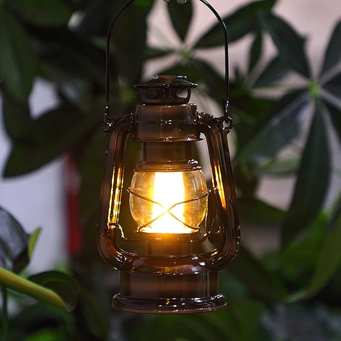 Hortsun 4 Pcs 8 Inch Vintage LED Hurricane Lantern Warm LEDs and Dimmer Switch Battery Operated Farmers Hanging Lantern for Indoor Outdoor Camping Usage Decor
