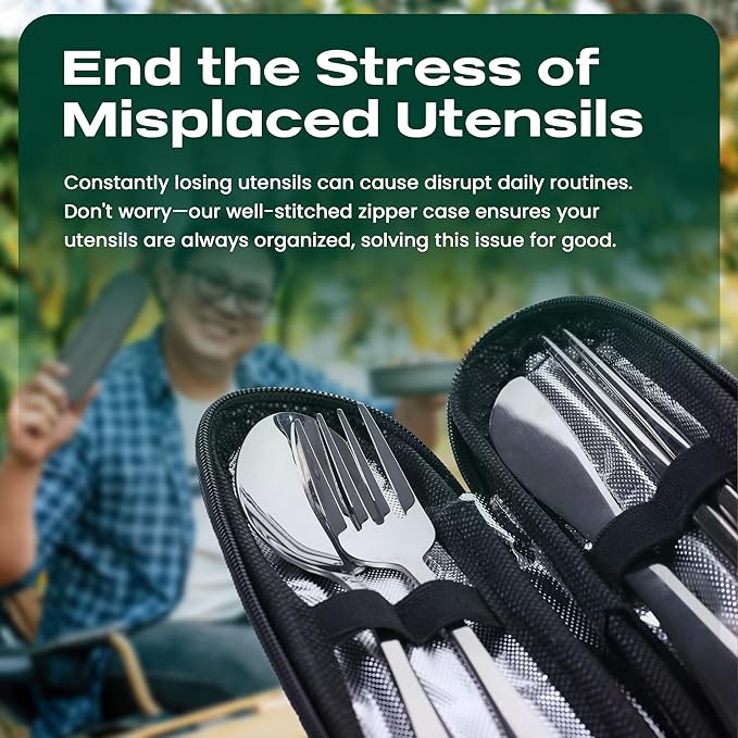 Taplord Portable Travel Silverware Set With Case, Includes 5 Pcs of Travel Utensils With Case, Stainless Steel Flatware Set For Camping, Easy to Travel, Lightweight (Silver), Medium, TL-05S
