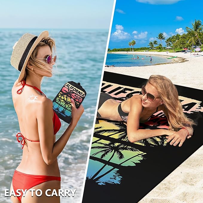 Beach Blanket Waterproof Sandproof Beach Mat 79”x 83” for 1-8 Adults Quick Drying Durable Outdoor Picnic Mat for Beach Festival Travel Camping Hiking (Rainbow Cocotree-California, 79"×83"(4 Person))