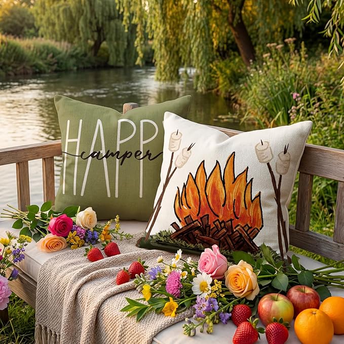 AVOIN colorlife Happy Camper Camping Life Outdoor Waterproof Throw Pillow Covers, 18 x 18 Inch Gnome S'More Campfire Decoration Holiday Cushion Cases for Home Patio Furniture Garden Set of 4