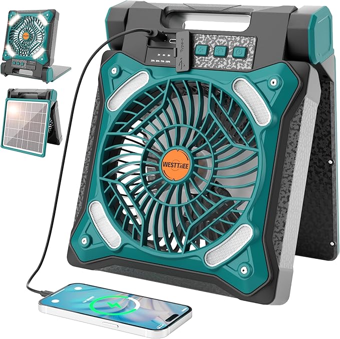 WESTTREE Solar Fan Battery Powered Rechargeable Solar Camping Fan with Led Lantern & Power Bank Foldable Angle USB Personal Fans for Travel Outdoor Camping Tents X98 Cyan