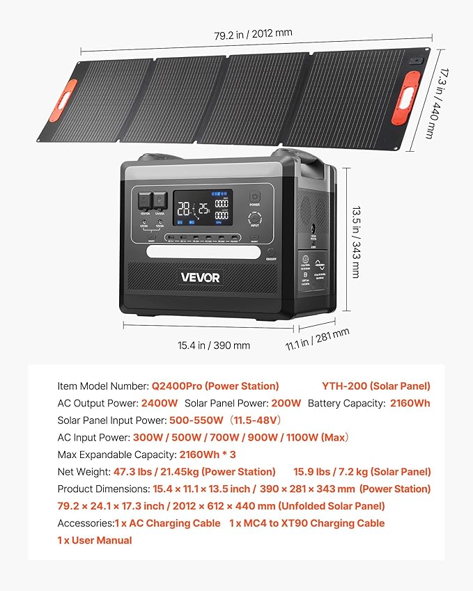 VEVOR Portable Power Station, 2400W Portable Solar Generator with 200W Foldable Solar Panel, 2160Wh Expandable LiFePO4 Battery Backup with 10 Output Ports & Adjustable Input Power for Home Camping RVs
