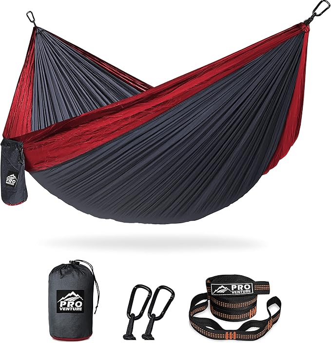 Pro Venture Camping Hammock 500 lb Capacity – Portable Double Hammock with Tree-Friendly Straps and Carabiners, Lightweight for Backpacking, Hiking, Travel, Beach, Backyard