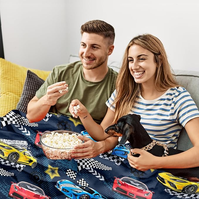 Car Blanket, Racing Car Flannel Blanket for Boys, Race Track Themed Room Decoration for Adult, Christmas Thanksgiving Soft Cozy Gifts for Game Lover 50 * 60 Inches