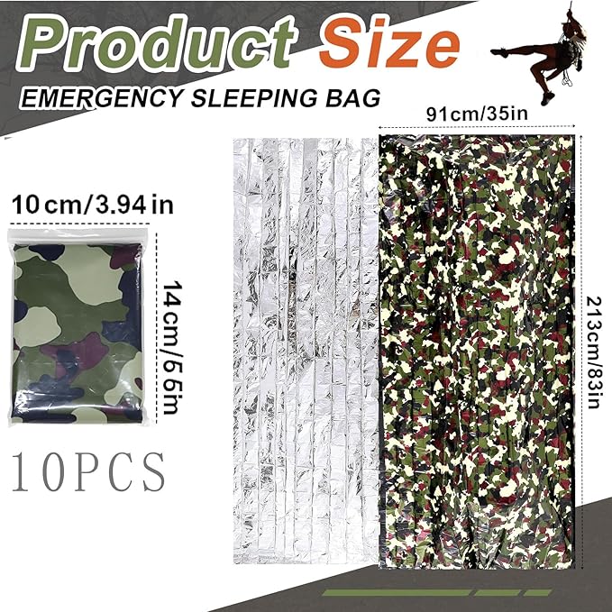 Preboun Camo Emergency Sleeping Bags Camo Blankets Emergency Shelter Survival Gear Portable Lightweight Thermal Bivy Sack Waterproof for Outdoor Camping Hiking Homeless Shelter