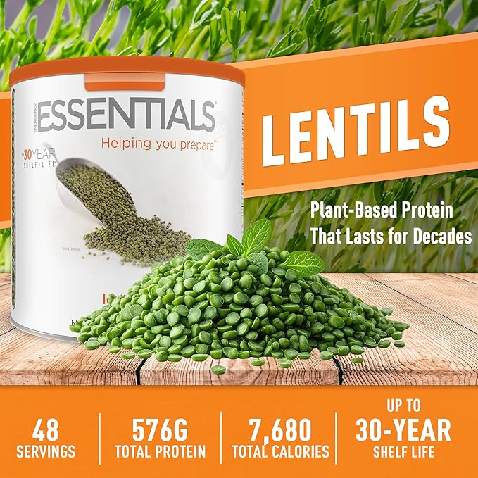 Emergency Essentials Lentils, Long-Term Emergency Food Supply, 48 Servings, 30-Year Shelf Life, High-Protein Vegetarian Survival Food