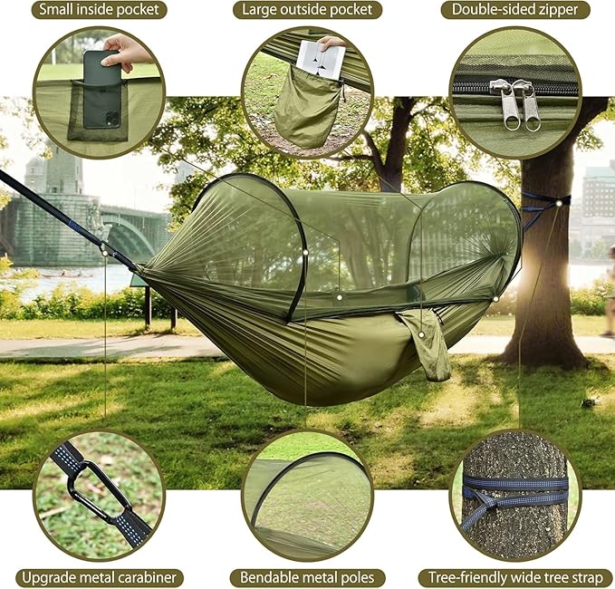Camping Hammock with Mosquito Net, Lightweight Portable Double & Single Hammock Tent with 2 Tree Straps, Parachute Nylon Hammock for Outdoor Backpacking Beach Backyard Patio Hiking, Arm Green