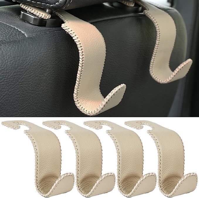 Amooca Car Seat Headrest Hook 4 Pack Metal Core Hanger Universal Car Storage Organizer for Handbag Purse Coat S Type Leather Beige