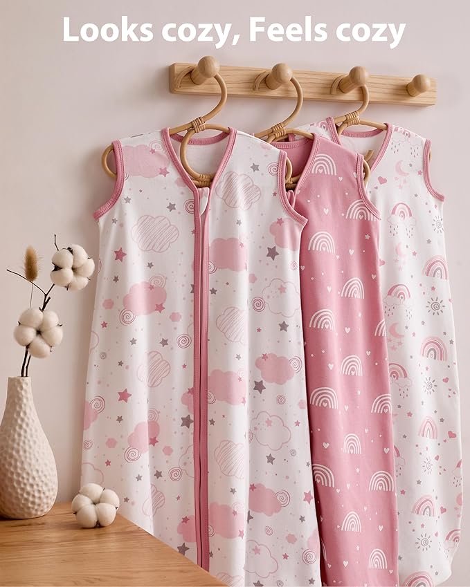 Baby Sleep Sack 6-12 months, 100% Cotton Sleeping Sack for Newborn and Infant, 3 Pack Baby Wearable Blanket, 0.5 Tog Lightweight Double Zipper Sleep Bag Medium Pink Rainbow
