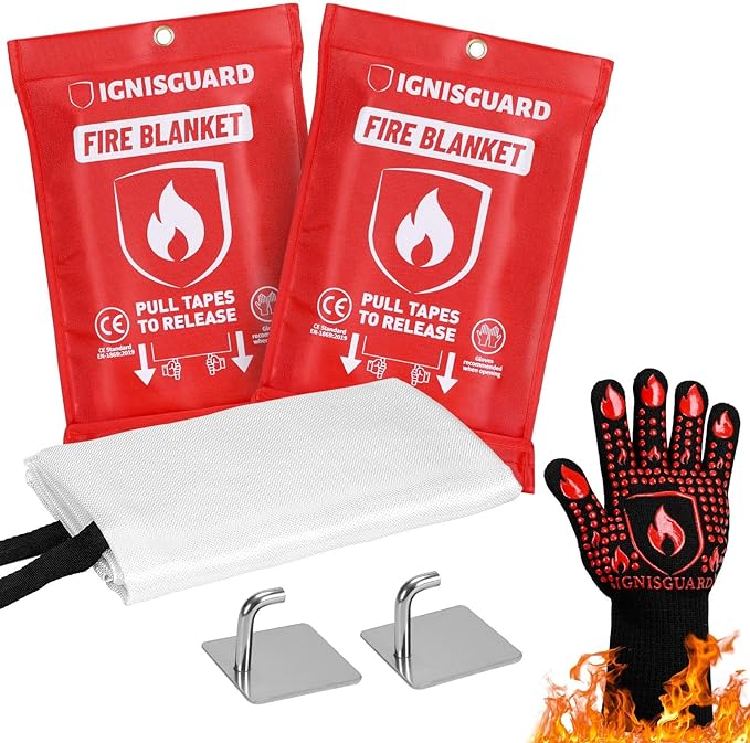 2-Pack Fire Blanket for Home and Kitchen, Includes 1 Fire Resistant Glove and 2 Hooks, Fire Blankets Emergency for Home Safety, Emergency Fire Blankets Suppressant Kit