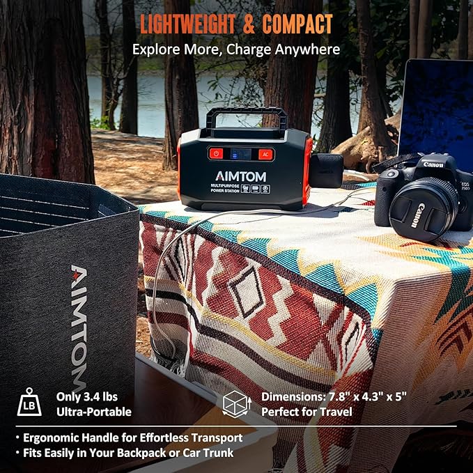 AIMTOM Portable Power Station 173Wh Lithium Battery, 200W AC Outlet (250W Surge), 18W USB-C, 2x USB-A, 2x 12V DC Outputs, LED Flashlight – Ideal for Camping, Travel, Emergency Backup, RV, Home Use