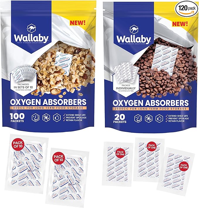Wallaby 400cc Oxygen Absorbers - 100 Count (10x Packs of 10) + 2500cc Oxygen Absorbers - 20 Count (Individually Sealed) - for Long Term Food Storage & Survival