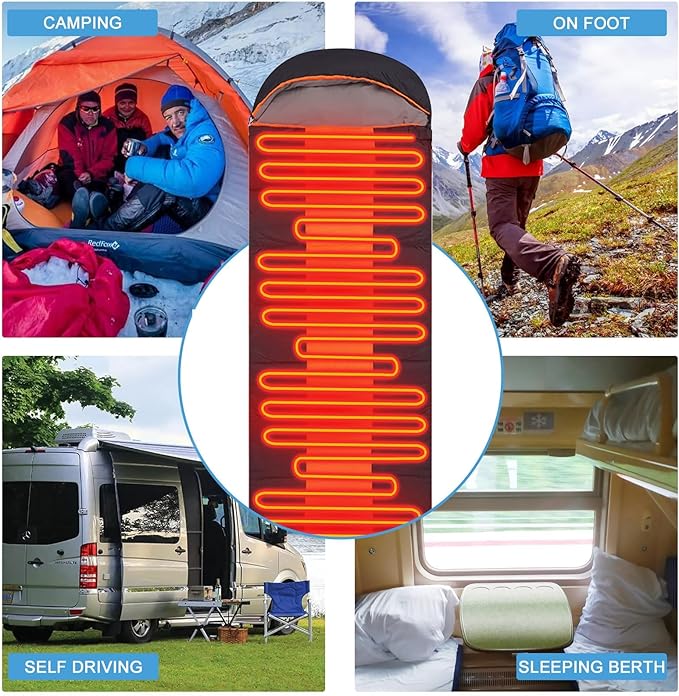 Longzhuo Heated Sleeping Bags for Adults Kids - Portable USB Power Warm Sleeping Bag for Camping with 4 Heating Zones, Cold Weather Sleeping Bag for All Season Camping Hiking Backpacking
