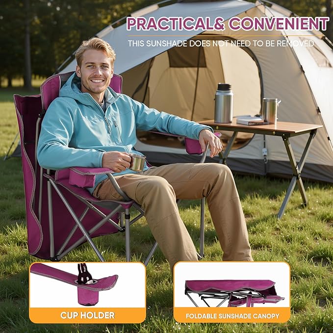 Northroad Folding Camping Chairs with Canopy Shade, Beach Chair w/Cup Holders, Armrests & Carry Bag for Outdoors Travel Sports Fishing, Purple