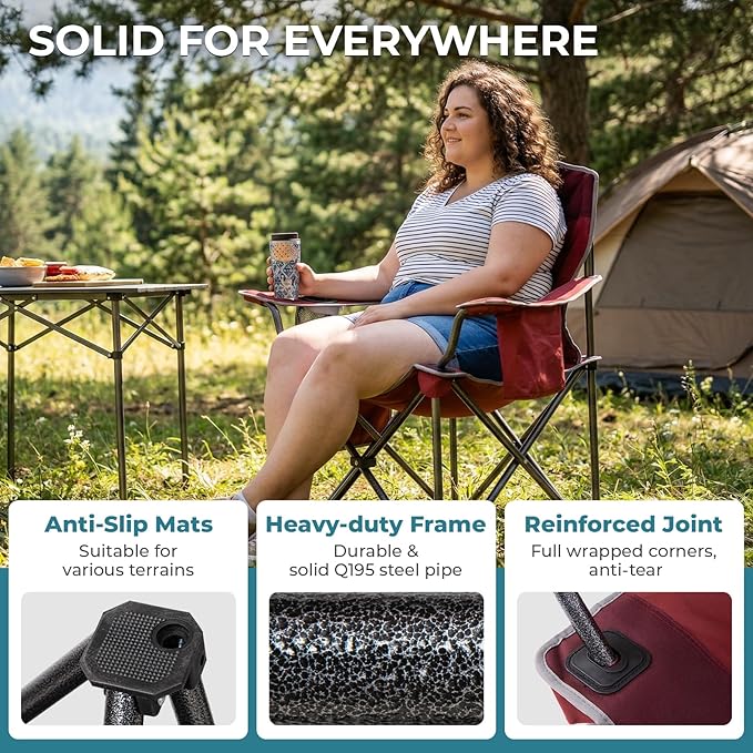 FUNDANGO Oversized Camping Chairs for Adults, Heavy Duty Fold Up Sports Games Lawn Chairs, Extra Wide Big Man Outdoor Chairs with Padded Lumbar Support Backrest, Bag Included for Camp, Beach, 2 Pack