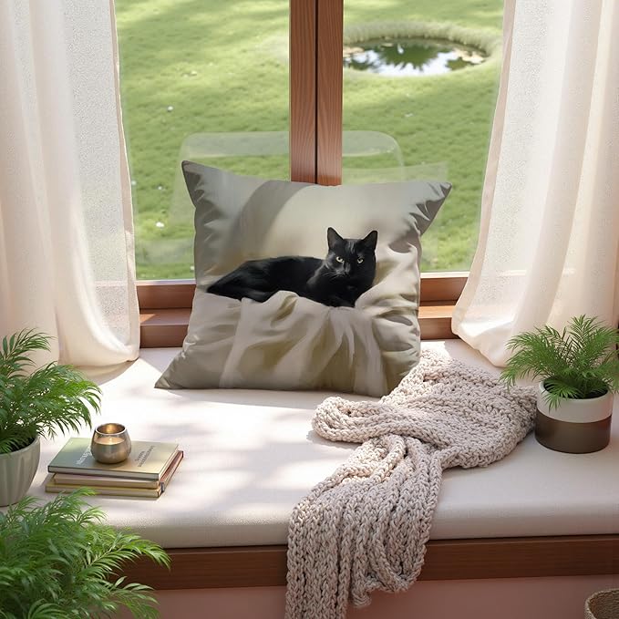 Vintage Black Cat Pillow Covers 18x18, Cat Home Room Decor, Rustic Neutral Black Cats Snuggled in Blanket Decorative Throw Pillow Covers for Home Bedroom Living Room