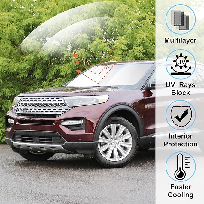 Windshield Sun Shade Custom Fit 2020 2021 2022 2023 2024 2025 2026 Ford Explorer SUV, ST XLT, Limited, Platinum Accessories Foldable Sunshade Window Cover Keep Car Cool