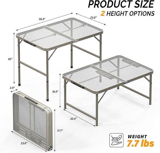 VINGLI Outdoor Grill Table, Folding Camping Table, 3 ft Portable Picnic Table Adjustable Height, Lightweight Aluminum Tables for Outside, Beach, Patio, Party, Gun