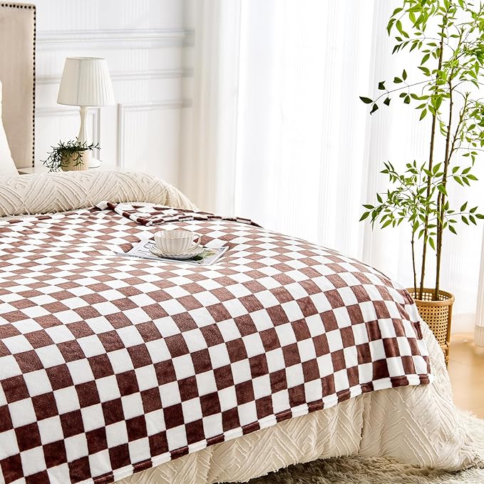 Edenleaf Brown Checkered Blanket, Ultra Soft Cozy Flannel - Checkered Grid Print Throws for Bed Sofa Couch, Luxury Throw Blanket for All Seasons, 50x60 Inch, Brown