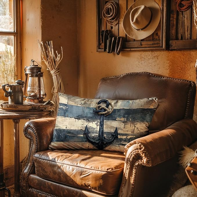 Vintage Nautical Ancho Throw Pillow Covers 20x12,Rustic Coastal Beach Lighthouse Decorative Pillow Cover,Coastal Anchor Decorative Pillowcases for Home Couch Bed Sofa Decor,129-BZ