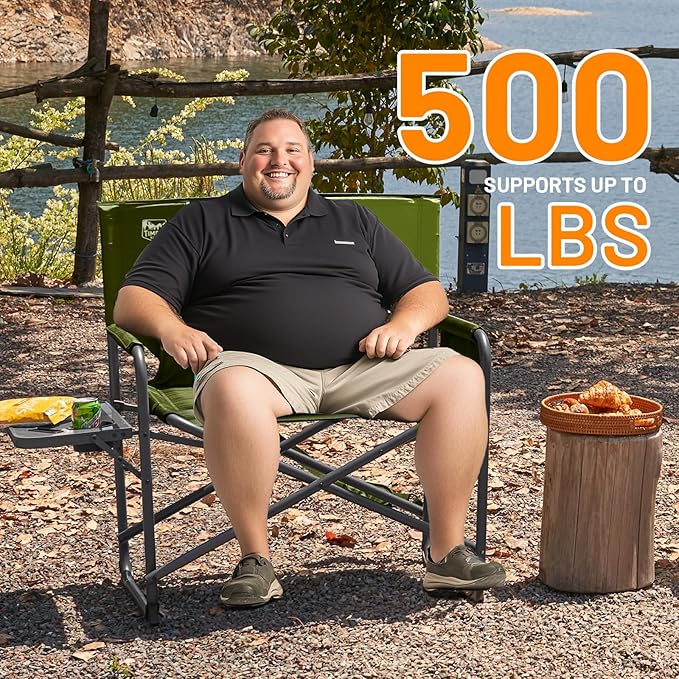 Timber Ridge XXL Director’s Chair – Heavy Duty Folding Camping Chair for Adults, 500lb Capacity, Extra Wide Padded Seat for Camping, Sports, Lawn, Courtyard, and Outdoor Use, Green